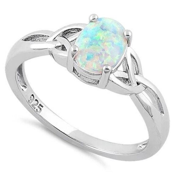 Sterling Silver Oval Celtic White Lab Opal Ring - Picture 1 of 4